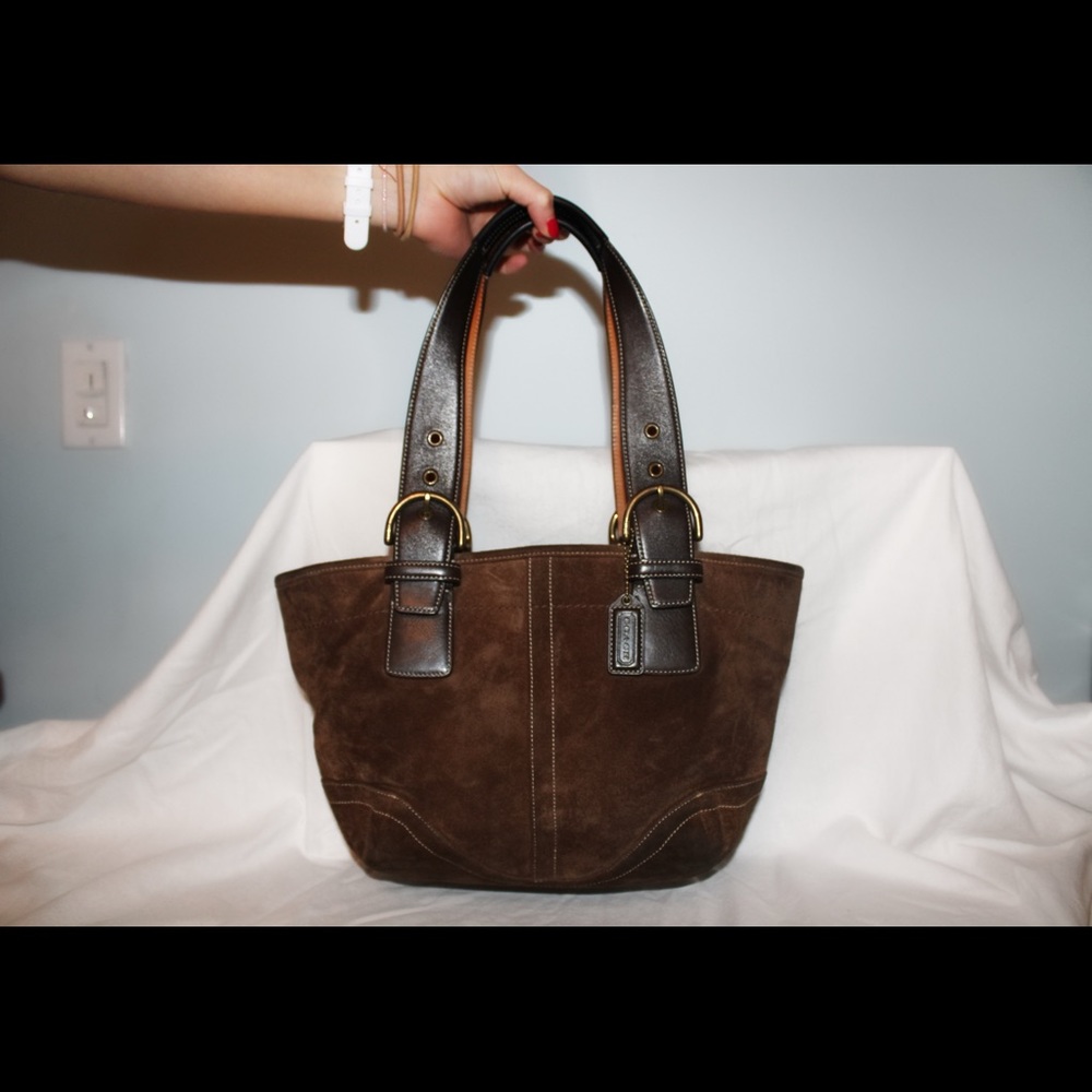 Coach Suede Brown Handbag with Buckle Leather Straps (orange interior)